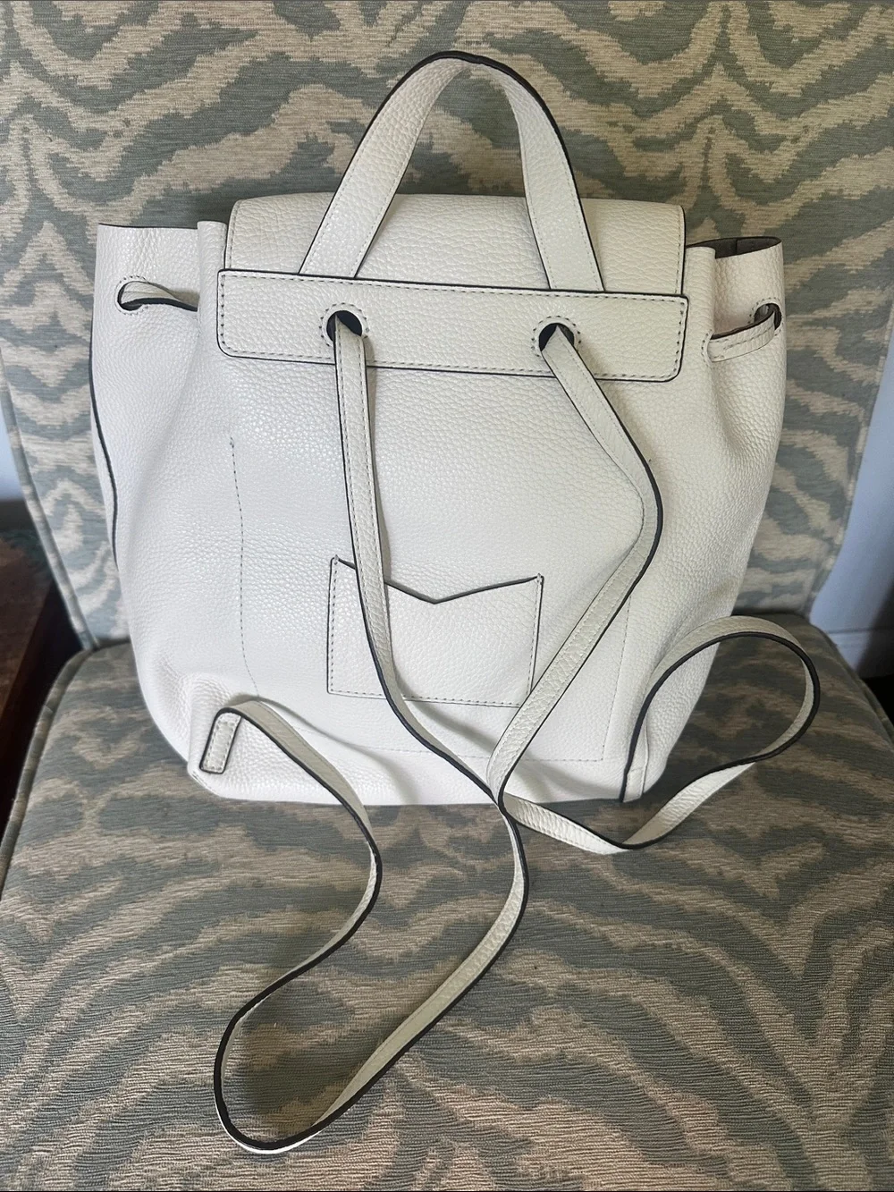 Michael Kors White Pebbled Leather Drawstring Flap Backpack with Gold MK